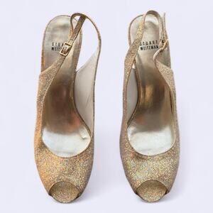 Stuart weitzman gold glitter peep toe heels women's 10